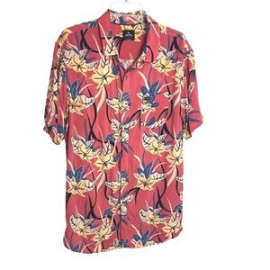 Rip Curl Mens Large Red Tropical Floral Viscose Short‎ Sleeve Button Up Shirt